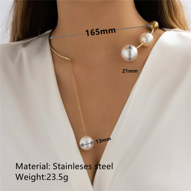 Elegant imitation pearl ball bead stainless steel choker necklace