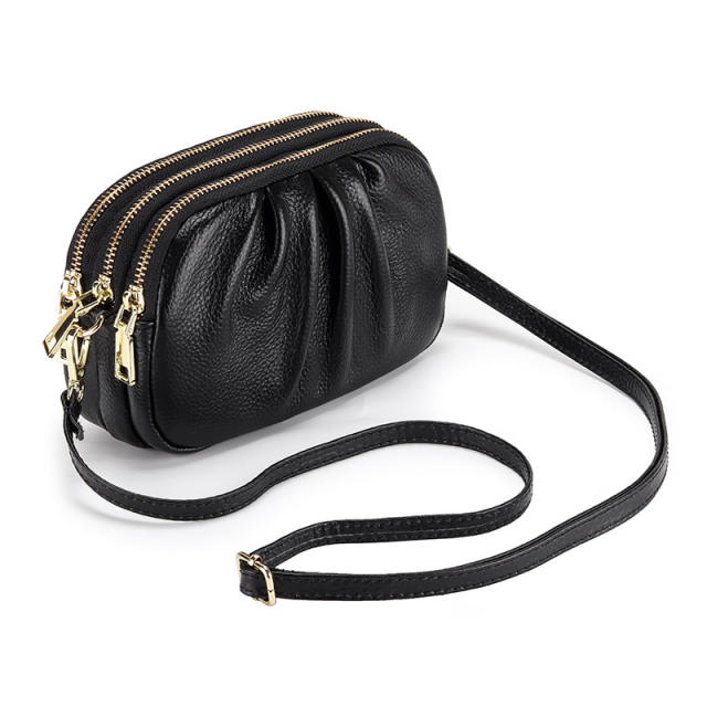 Classic Genuine Leather three layer zipper crossbody bag