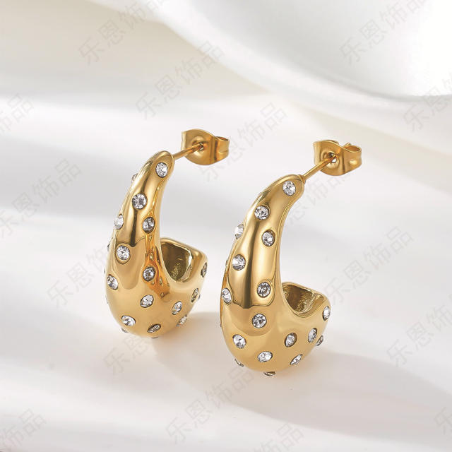 Unique design rhinestone geometric chunky stainless steel earrings