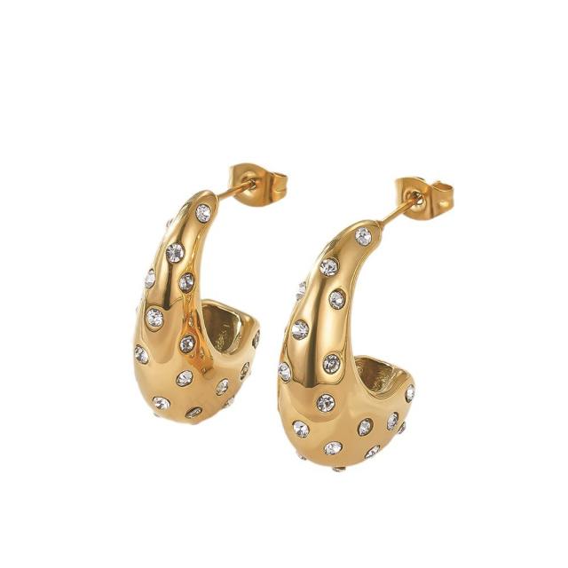 Unique design rhinestone geometric chunky stainless steel earrings