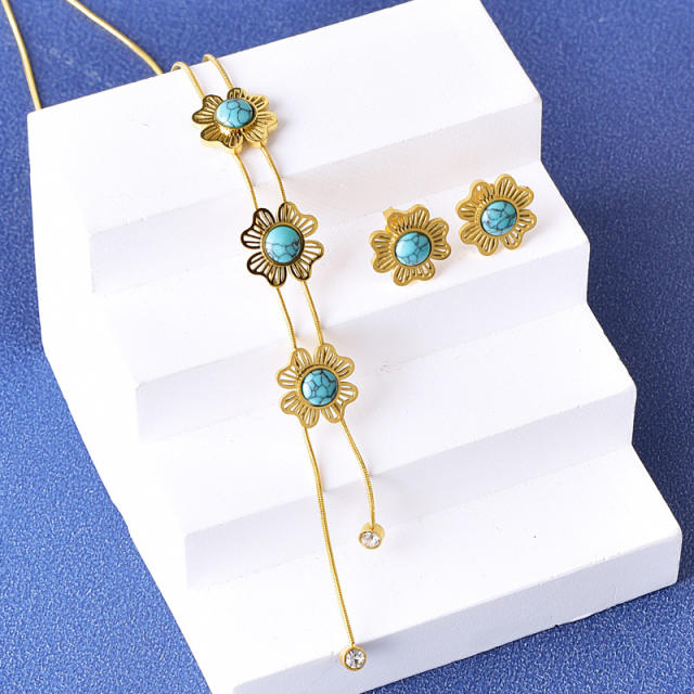 Vintage hollow out sunflower turquoise bead stainless steel necklace set