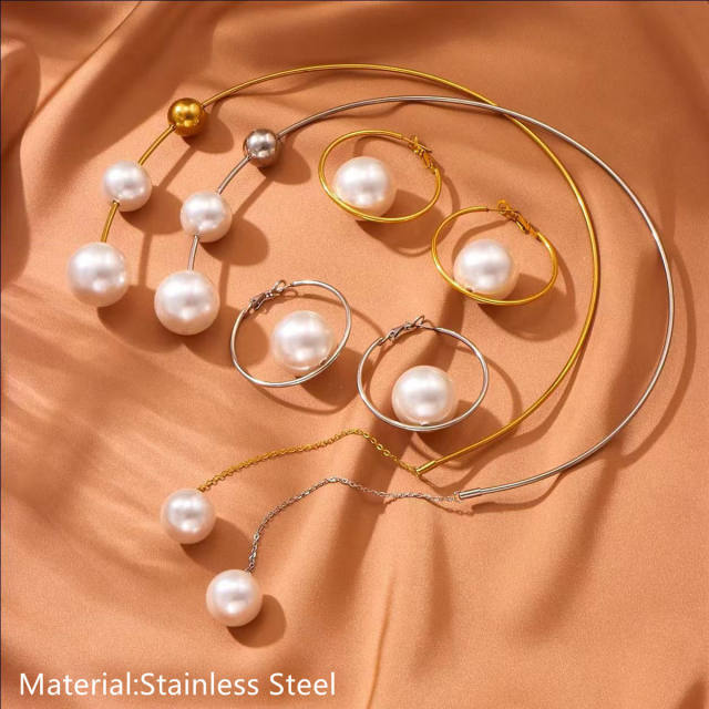 Elegant imitation pearl ball bead stainless steel choker necklace