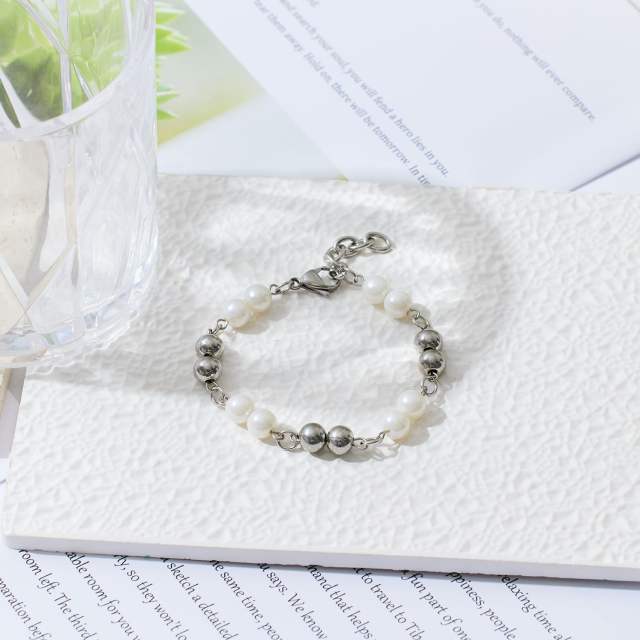 18KG chic pearl stainless steel chain bracelet