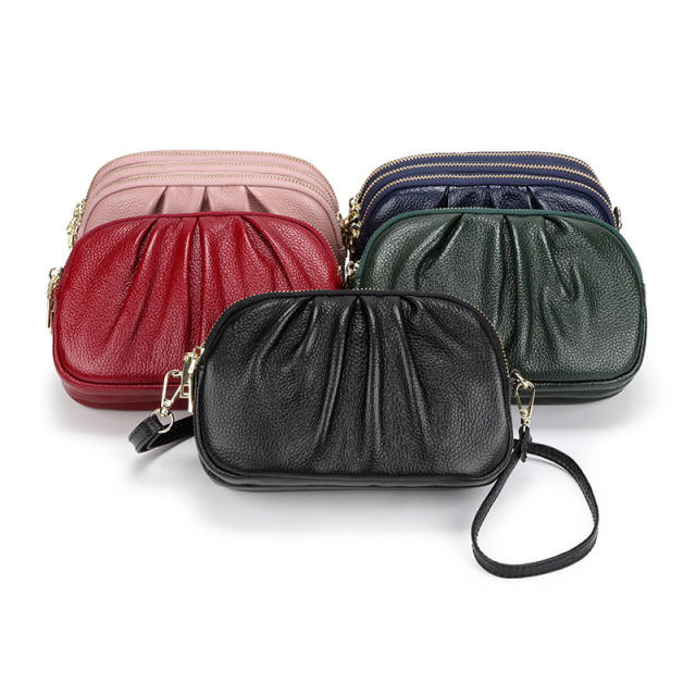 Classic Genuine Leather three layer zipper crossbody bag