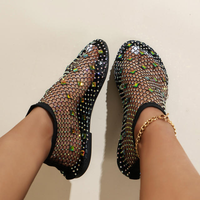 Summer hot sale colorful rhinestone fishing net flat sandals