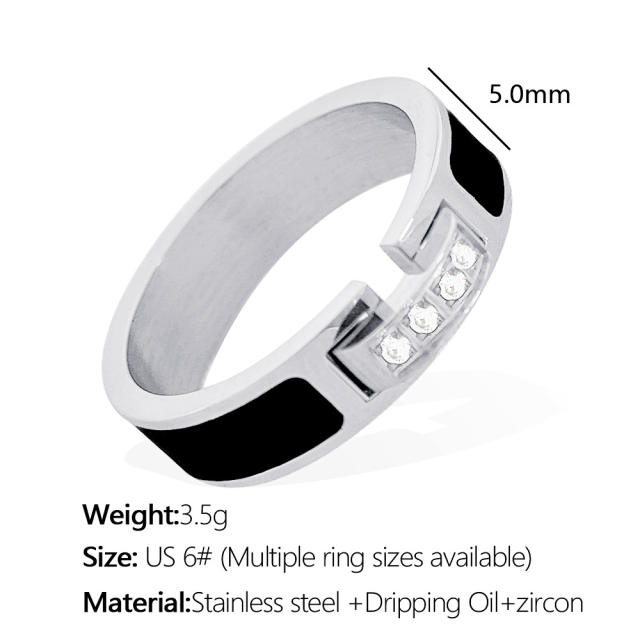 Concise diamond black enamel stainless steel finger rings