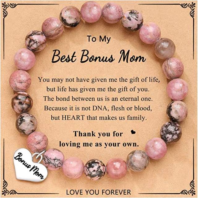 To my daughter mother's day gift stainless steel heart charm pink stone bead bracelet