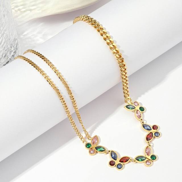 Delicate colorful cubic zircon butterfly layer chain stainless steel necklace