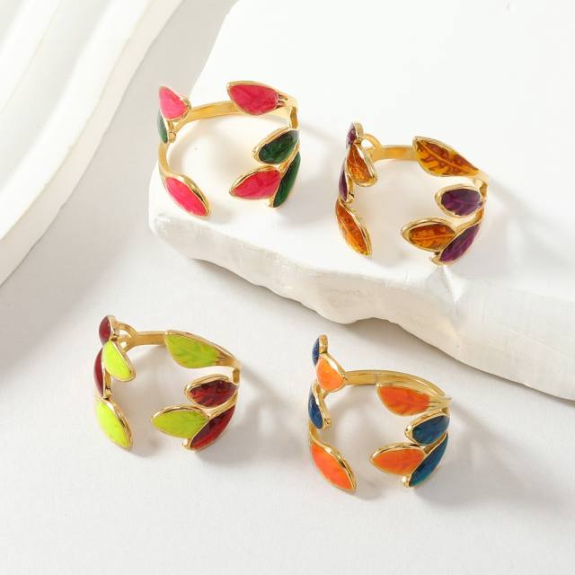 Spring summer color enamel leaf stainless steel finger rings