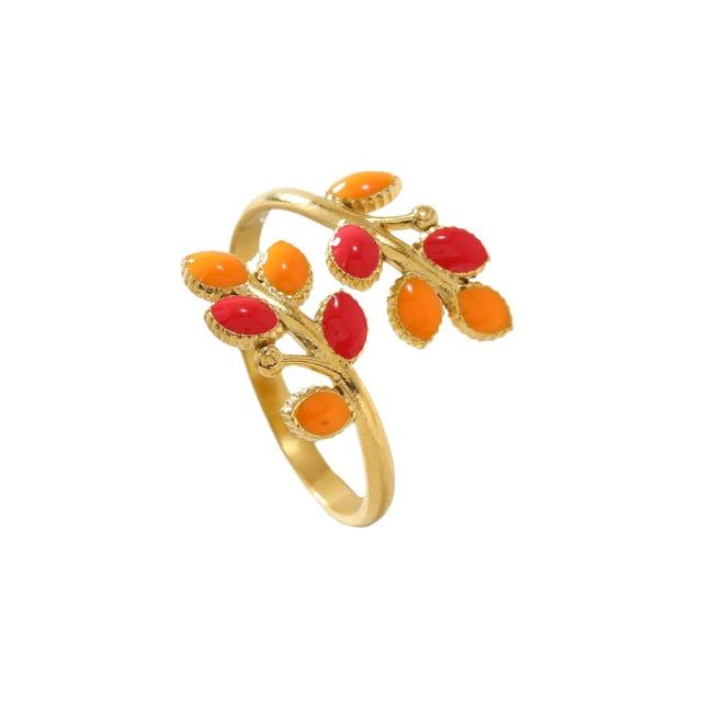 Spring summer color enamel leaf stainless steel finger rings