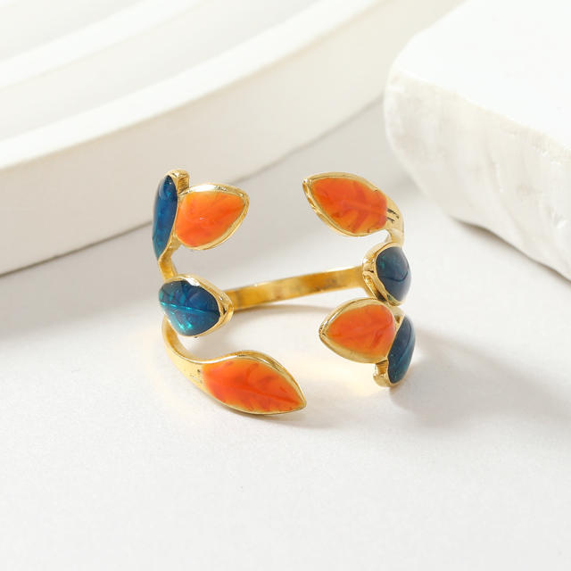 Spring summer color enamel leaf stainless steel finger rings