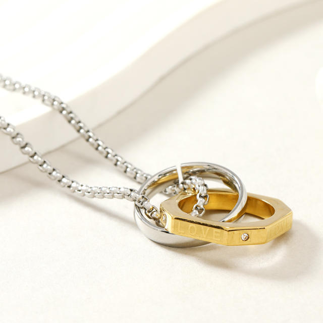 LOVE letter two ring cirlce pendant stainless steel necklace