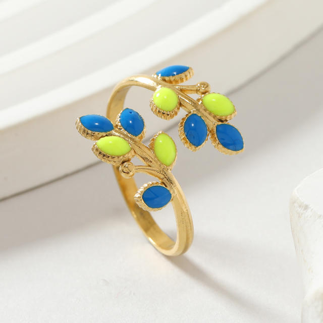 Spring summer color enamel leaf stainless steel finger rings