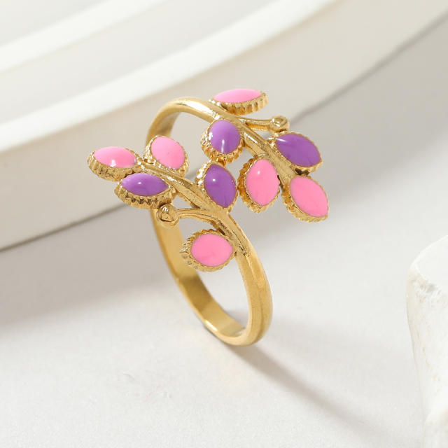 Spring summer color enamel leaf stainless steel finger rings