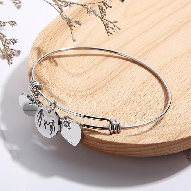 Delicate heart charm stainless steel bangle