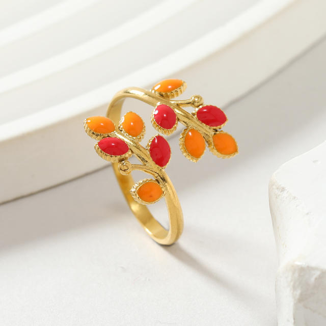 Spring summer color enamel leaf stainless steel finger rings