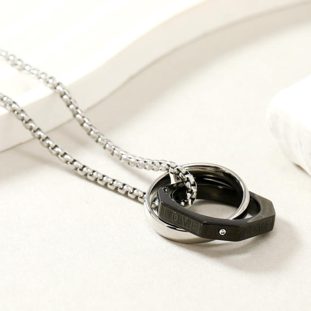 LOVE letter two ring cirlce pendant stainless steel necklace