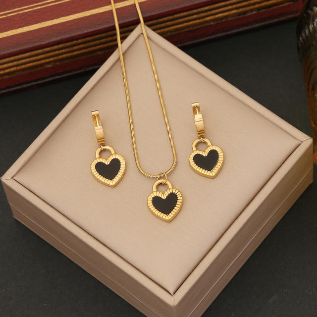 Classic double side heart oval charm stainless steel necklace set