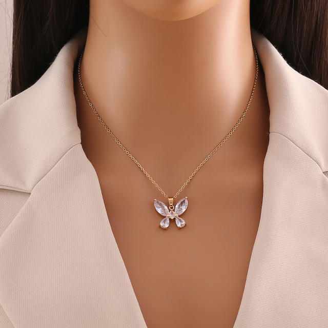 Dainty colorful cubic zircon butterfly stainless steel necklace