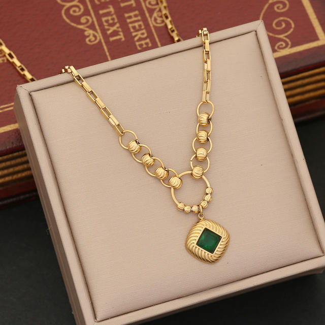 Vintage emerald charm stainless steel necklace set