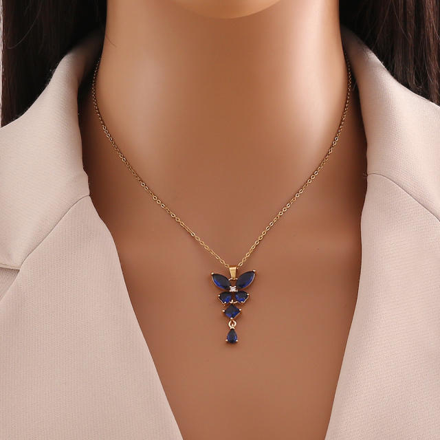 Dainty colorful cubic zircon  butterfly stainless steel necklace