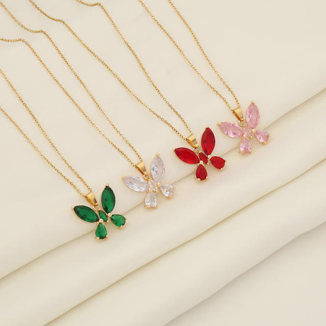 Dainty colorful cubic zircon butterfly stainless steel necklace