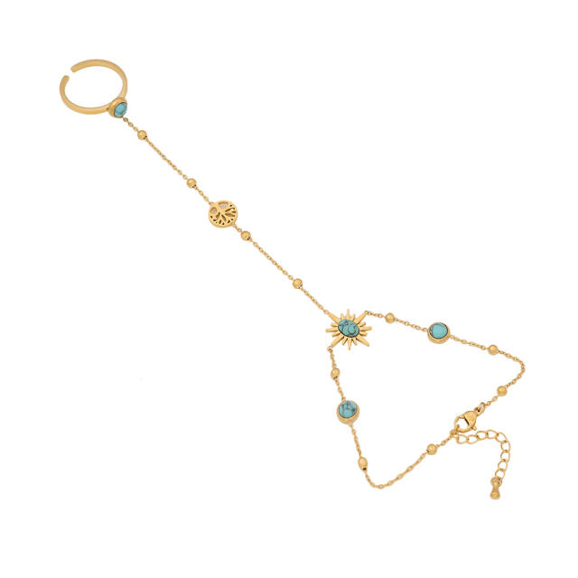 Boho turquoise bead stainless steel life tree heart ring bracelet