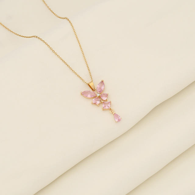 Dainty colorful cubic zircon  butterfly stainless steel necklace