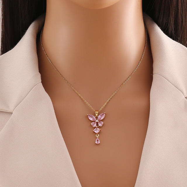 Dainty colorful cubic zircon  butterfly stainless steel necklace