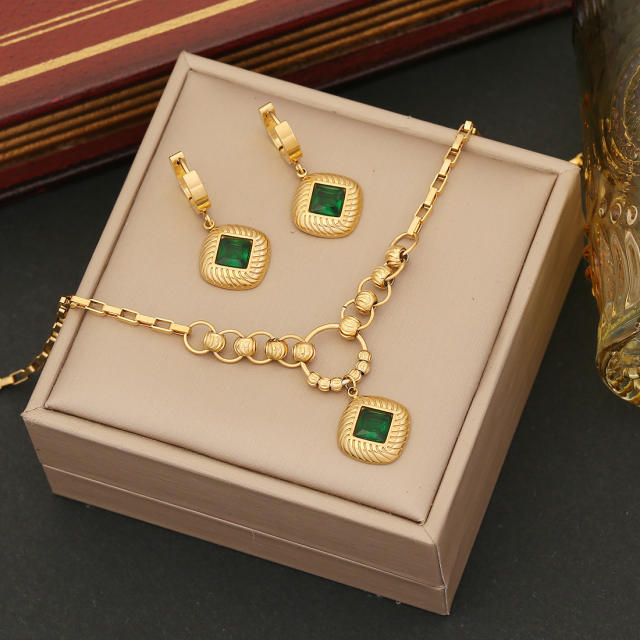 Vintage emerald charm stainless steel necklace set