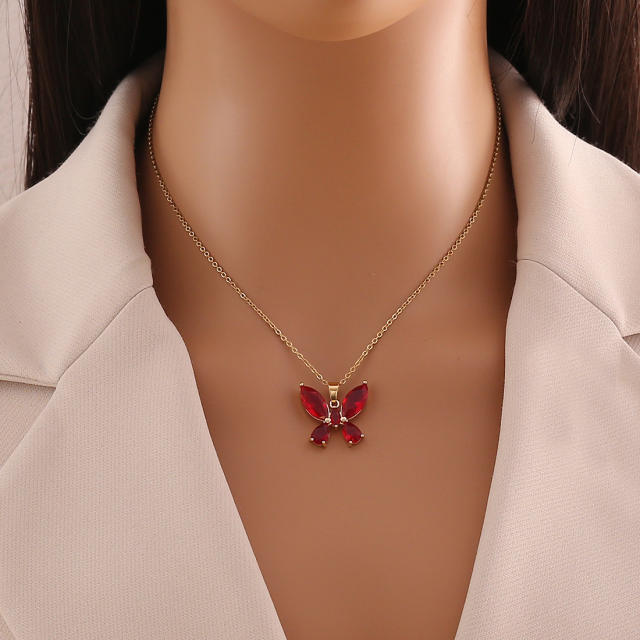 Dainty colorful cubic zircon butterfly stainless steel necklace