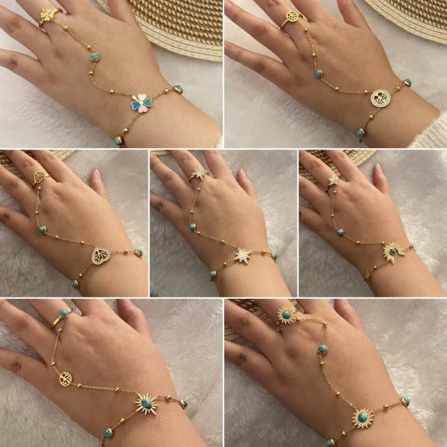 Boho turquoise bead stainless steel life tree heart ring bracelet