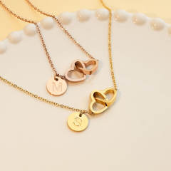 Chic double heart initial letter coin stainless steel necklace