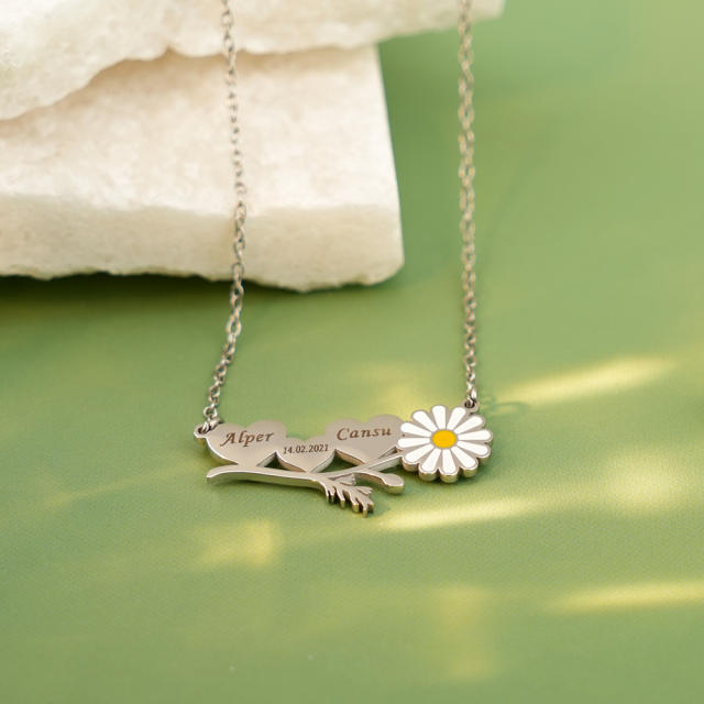 Dainty daisy flower engrave name stainless steel necklace