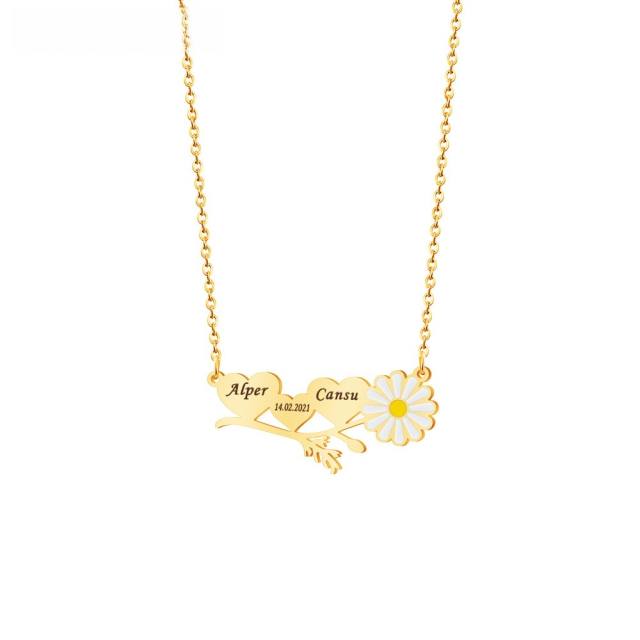 Dainty daisy flower engrave name stainless steel necklace