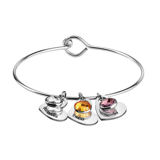 DIY mother's day birthstone charm engrave letter heart stainless steel bangle