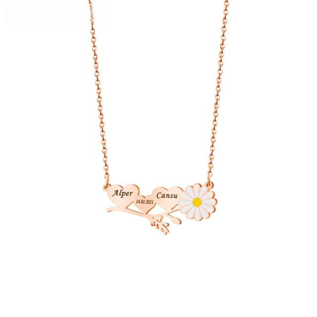 Dainty daisy flower engrave name stainless steel necklace