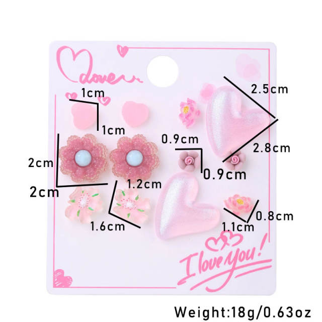 Sweet acrylic heart cute ear studs set