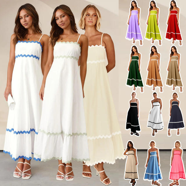 Summer plain color holiday beach long dress smocked dress slip dress