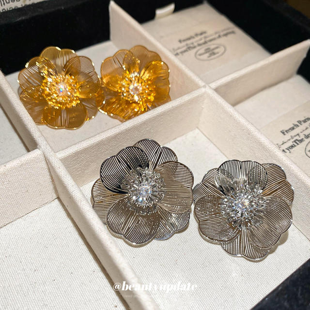 925 needle real gold plated metal flower studs earrings