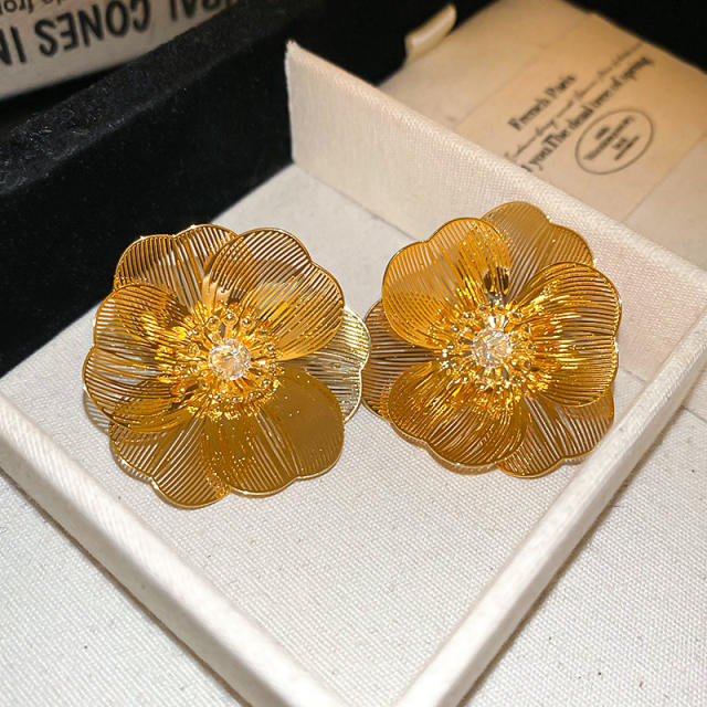 925 needle real gold plated metal flower studs earrings