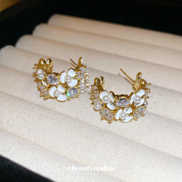 925 needle real gold plated pearl flower open hoop earrings