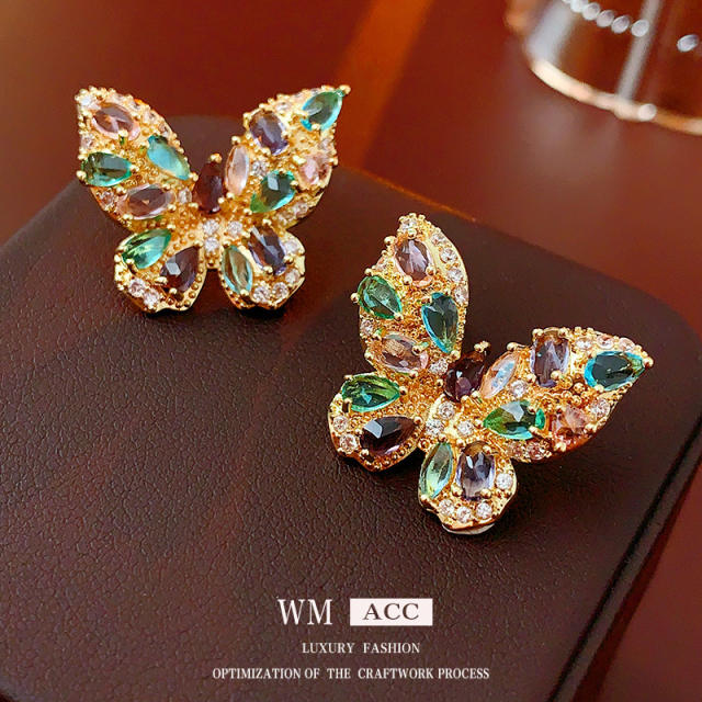 925 needle luxury color cubic zircon butterfly studs earrings