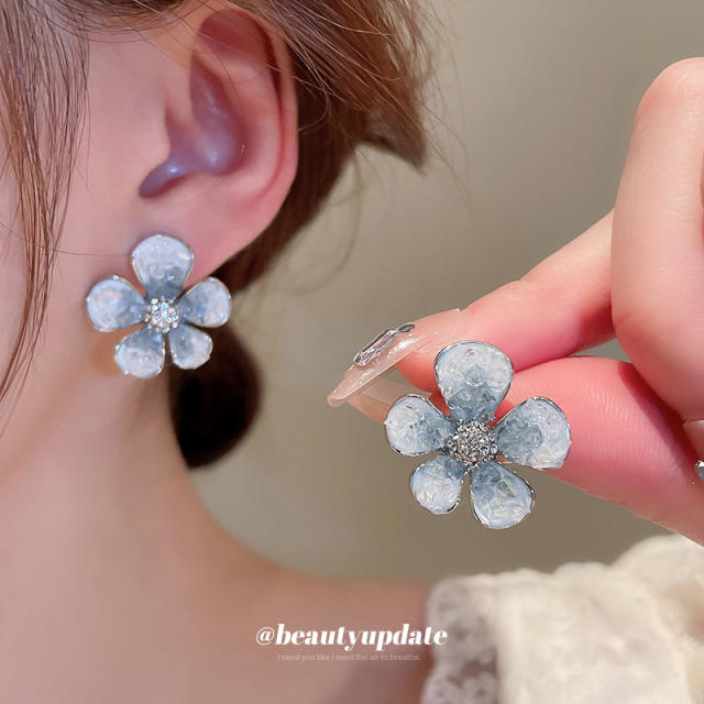 925 needle luxury light blue color shiny flower dangle earrings