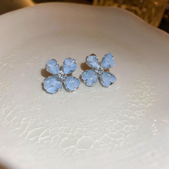 925 needle luxury light blue color shiny flower dangle earrings