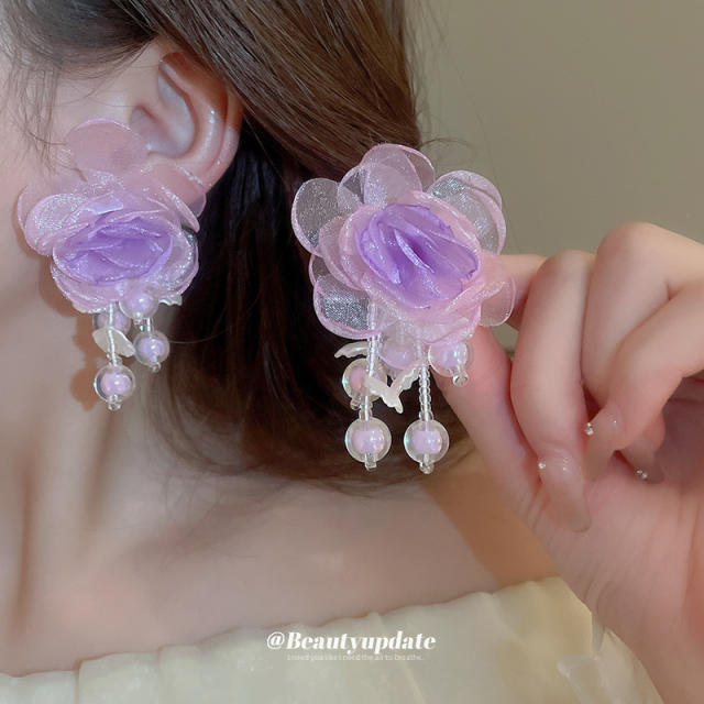Springs 925 needle purple color fabric bead tassel earrings