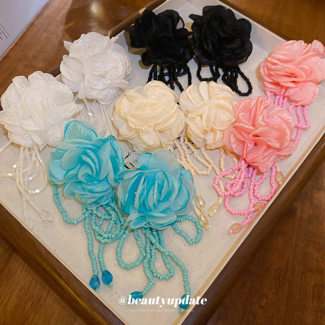 925 needle spring summer fabric flower tassel earrings