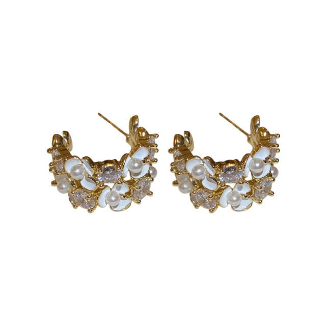 925 needle real gold plated pearl flower open hoop earrings