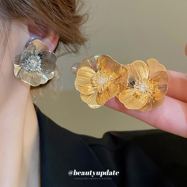 925 needle real gold plated metal flower studs earrings