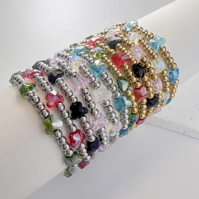 Boho colorful crystal butterfly stainless steel bead elastic bracelet